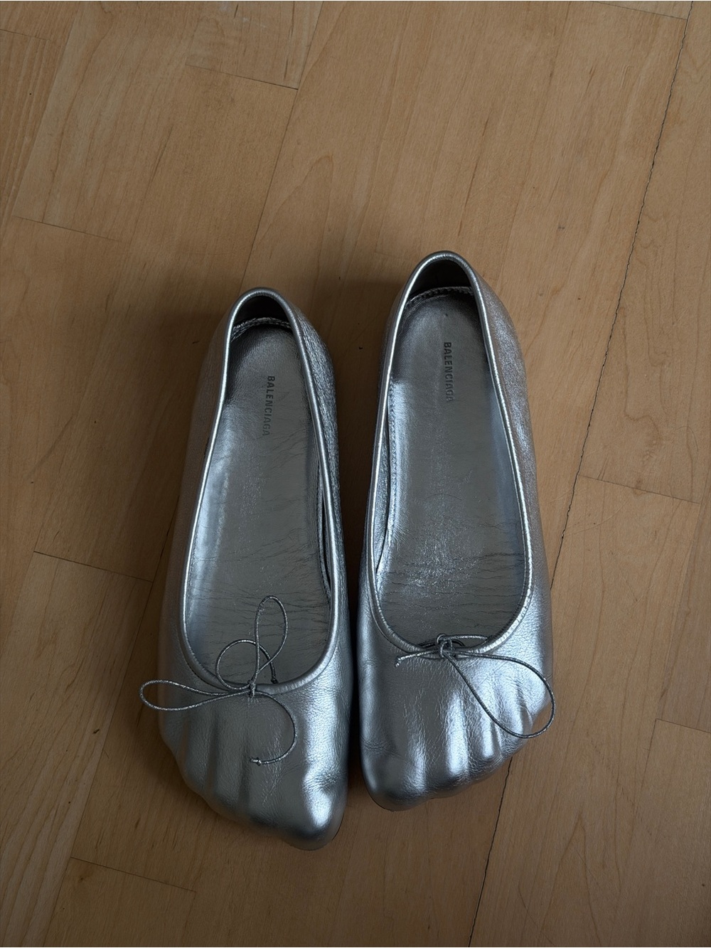 Balenciaga Metallic Silver Leather Ballet Flats with Bow Detail